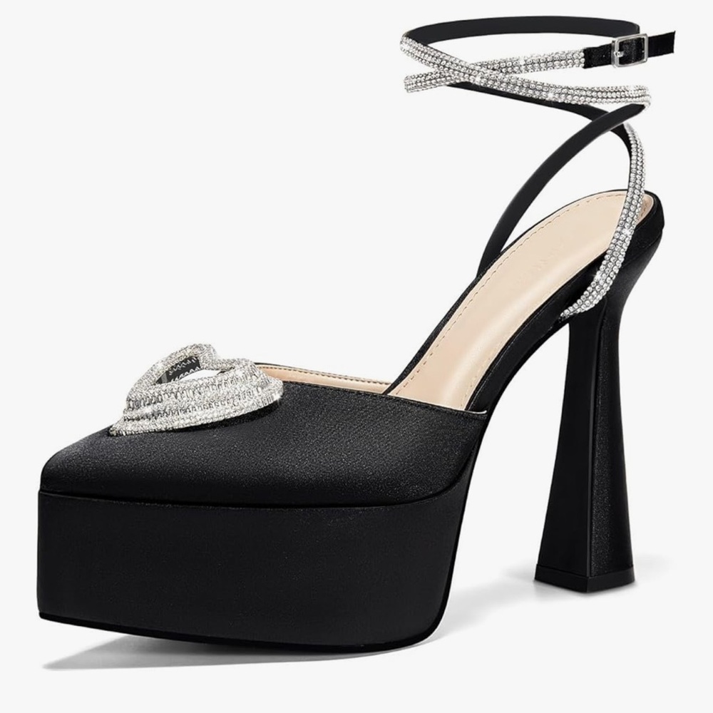 Rhinestone Triple Heart Platform Ankle Strap Pointed Toe Party Statement Heel 9 - Picture 5 of 13